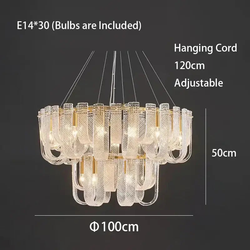 Modern layered clear glass and gold ceiling chandelier featuring textured shades and decorbites dimmable led design