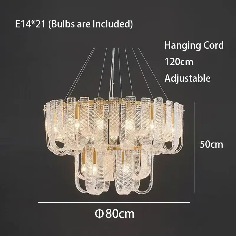 A modern two-tiered ceiling chandelier with clear etched glass and gold-toned metal featuring decorbites dimmable led