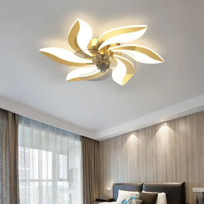 Modern leaf black and white ceiling fan with remote control featuring a gold-toned flower-shaped ceiling light decorbites ceiling fan