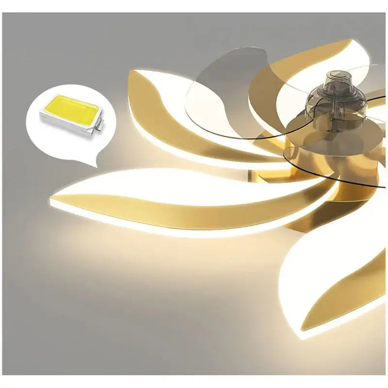 Gold-colored flower-shaped ceiling fan with illuminated petals and remote control by decorbites for bedroom use