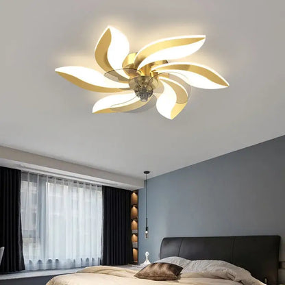 Modern leaf black and white ceiling fan with remote control featuring a gold-toned flower-shaped ceiling light and metallic hub