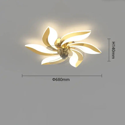 Gold-toned ceiling fan with six illuminated petal-shaped blades and remote control by decorbites for bedroom use