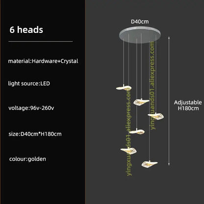 Modern leaf crystal glass staircase chandelier with golden six-head pendant light featuring crystal glass accents and led lighting