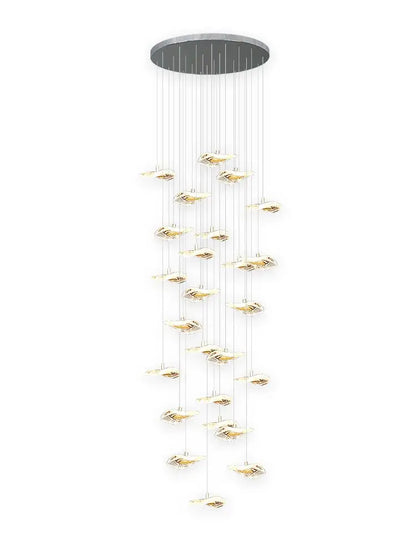 Modern leaf crystal glass staircase chandelier with silver circular mount and cascading golden decorbites crystal glass lights