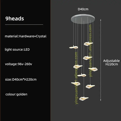 Modern leaf crystal glass staircase chandelier with nine golden crystal glass light heads for decorbites crystal glass decor
