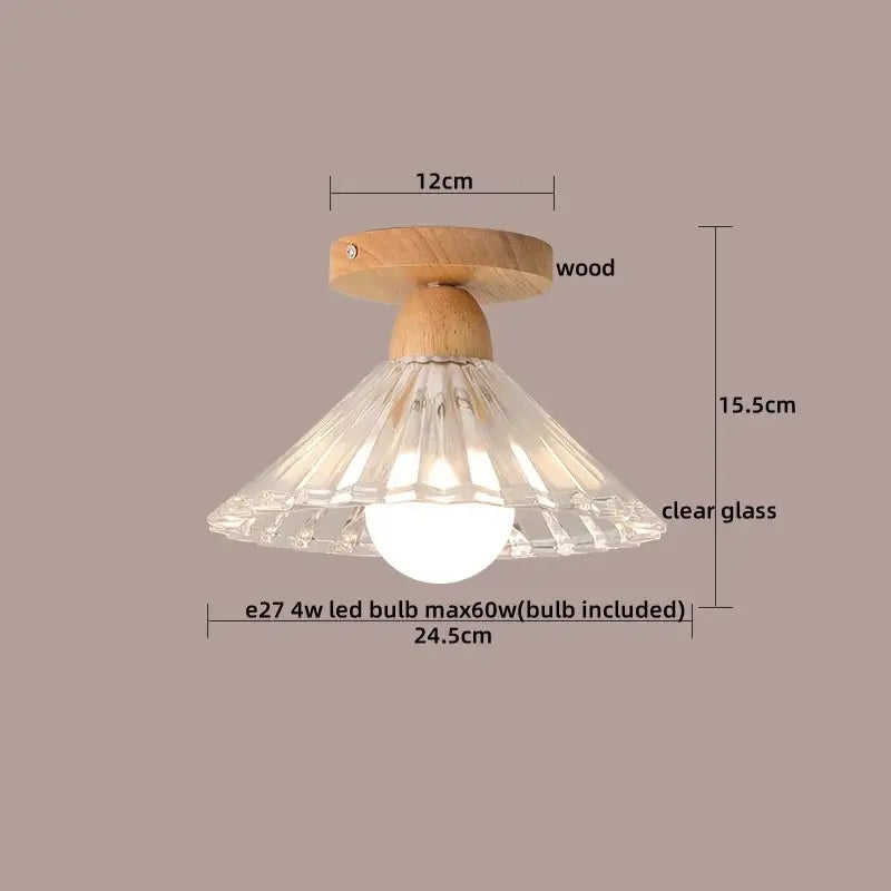 Modern leaf glass ceiling light with natural wood base and decorbites clear glass led shade for hallway lighting