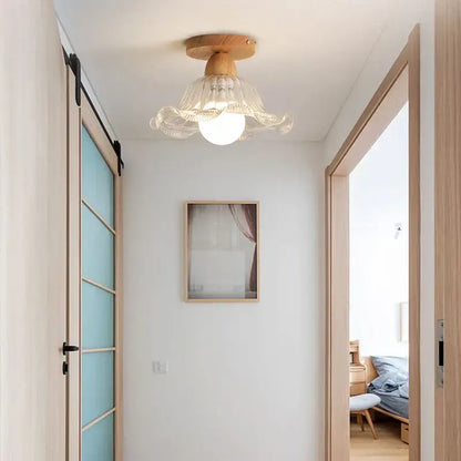 Modern leaf glass ceiling light with delicate translucent clear glass led petals and warm wood base for decorbites ceiling light