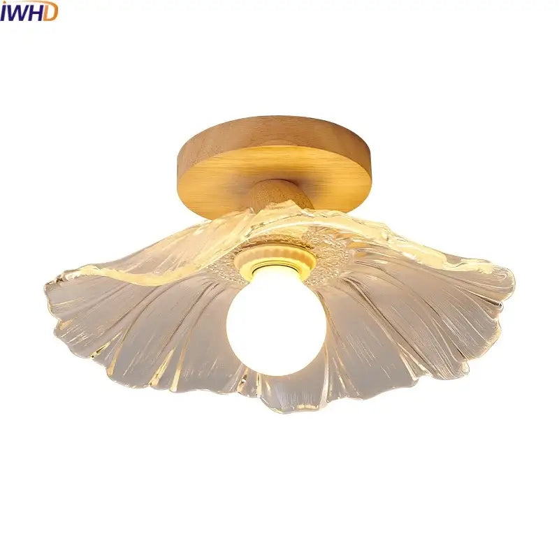 Modern leaf warm-toned translucent ceiling light with wooden base decorbites clear glass led lighting for hallway decor