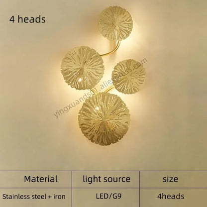 Modern leaf gold iron wall sconce with four illuminated heads made of stainless steel and iron for living room decorbites iron wall