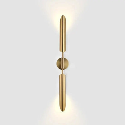 Modern leaf gold led wall lamp features a gold-toned minimalist design with sleek cylindrical arms and glass bulb decorbites gold led