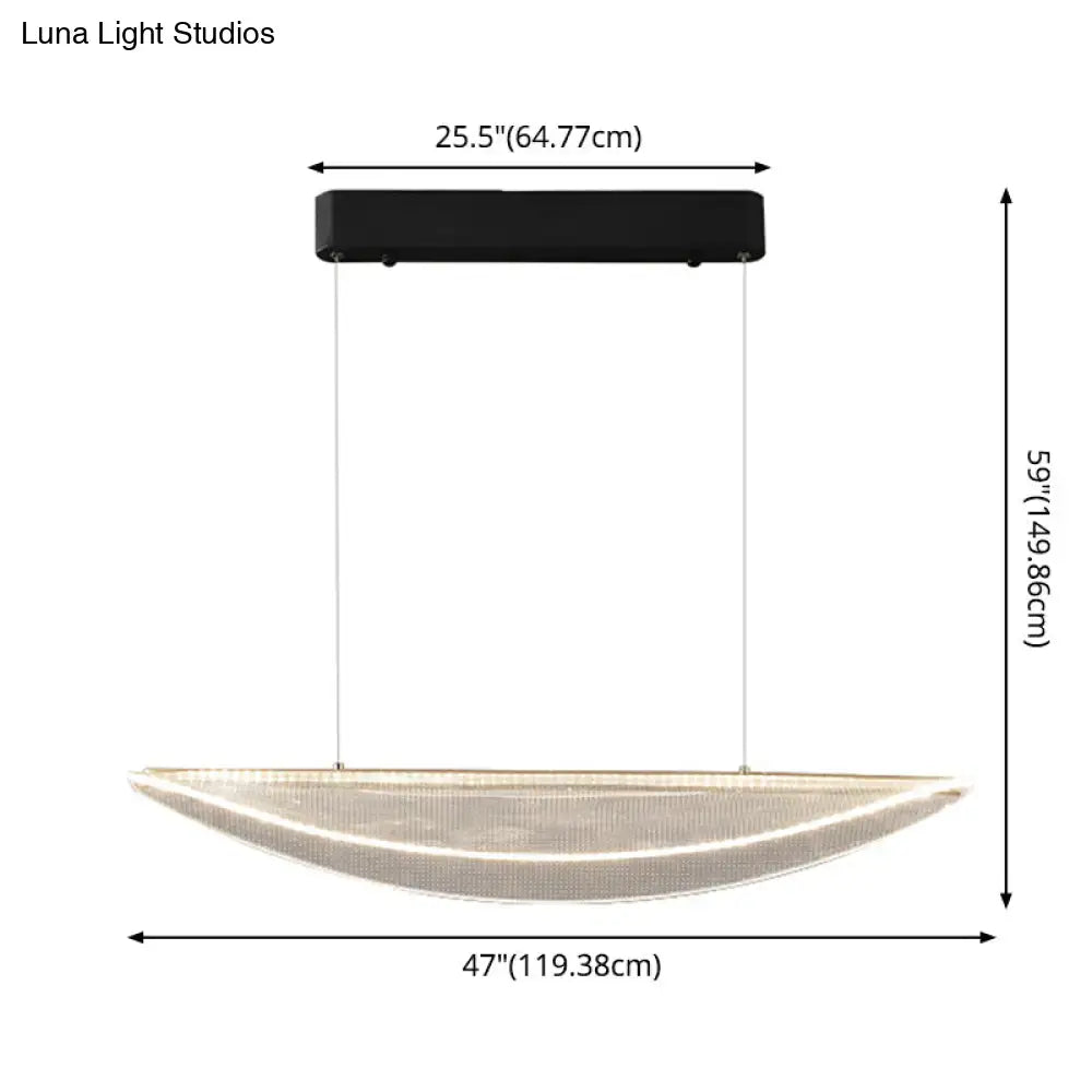 Modern black rectangular ceiling mount with a sleek curved silver mesh leaf shaped acrylic led pendant light for dining room