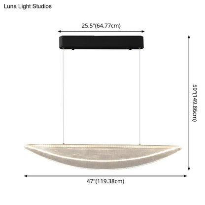Modern black rectangular ceiling mount with a sleek curved silver mesh leaf shaped acrylic led pendant light for dining room