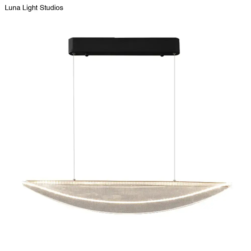 Modern leaf shaped acrylic led pendant light in black with intricate mesh design and warm illumination for dining room