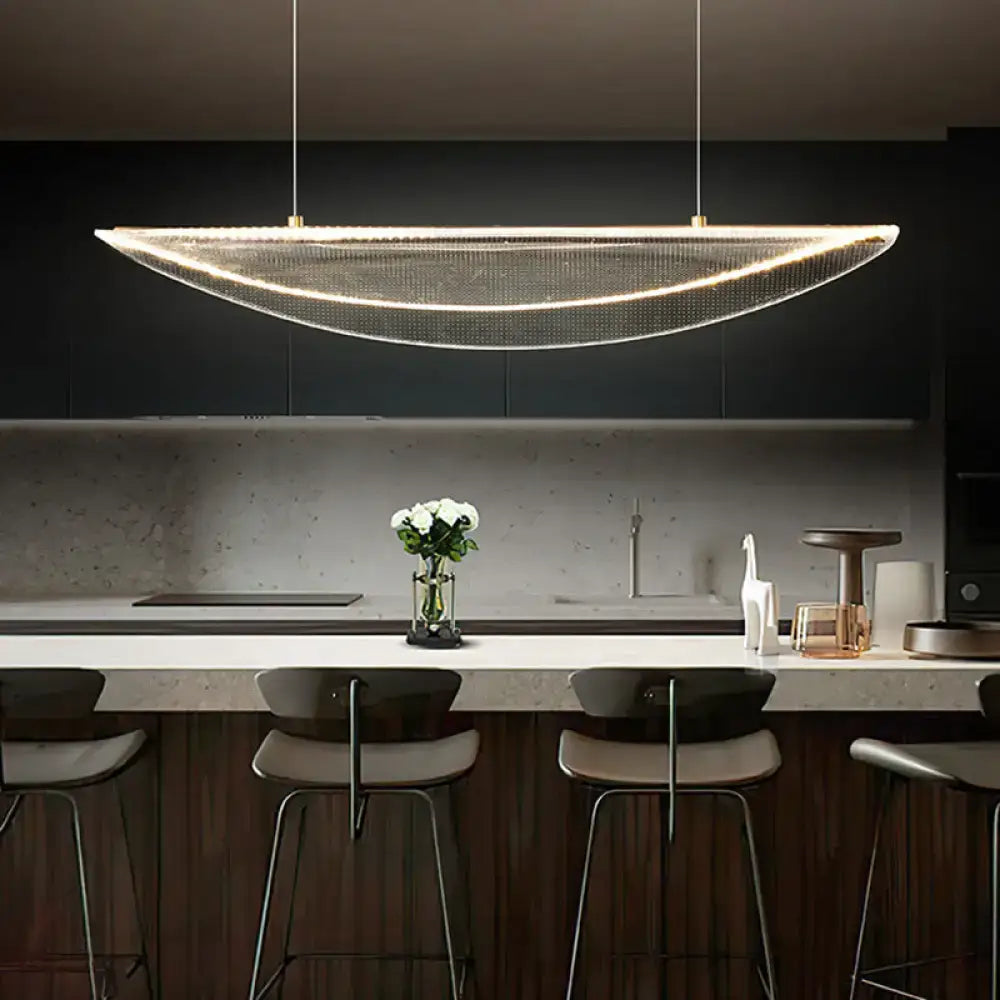 Modern gold-toned leaf shaped acrylic led pendant light with mesh detailing for dining room lighting