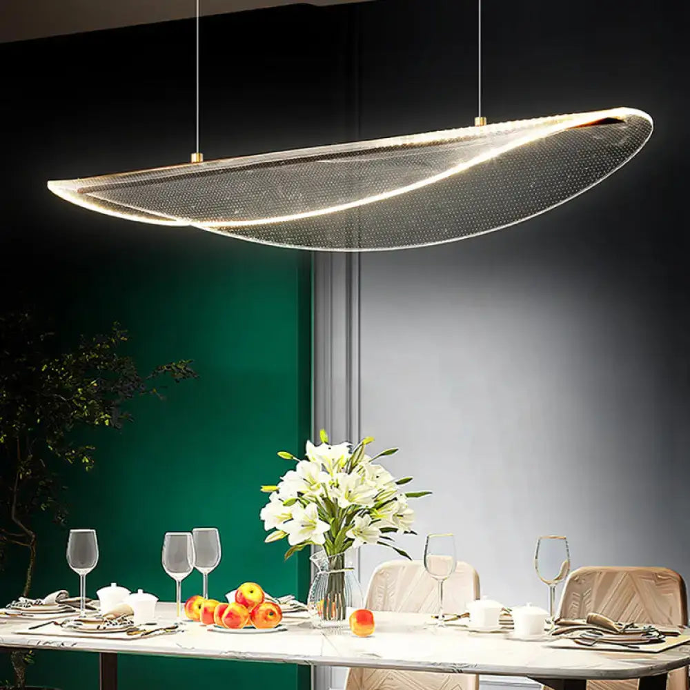Modern leaf shaped acrylic led pendant light with illuminated mesh and gold fixtures for dining room lighting