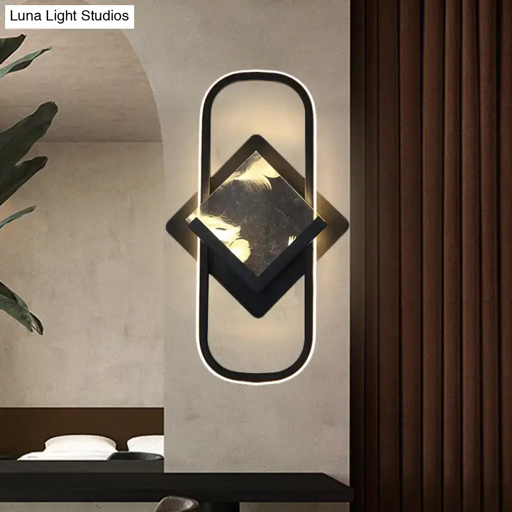 Modern led acrylic wall mount lamp black wall light with geometric oval frame and central diamond mirrored panel