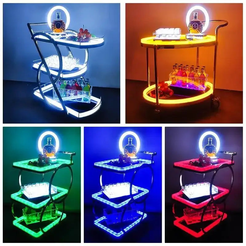 A sleek modern beauty salon trolley with curved metal frame and multicolor led lighting for salon storage