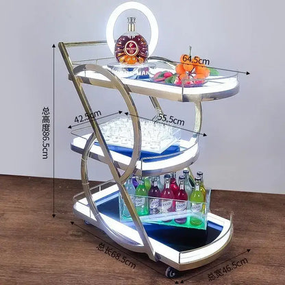 Modern led beauty salon trolley with three-tiered metallic frame illuminated edges and wheels for salon storage cart usage
