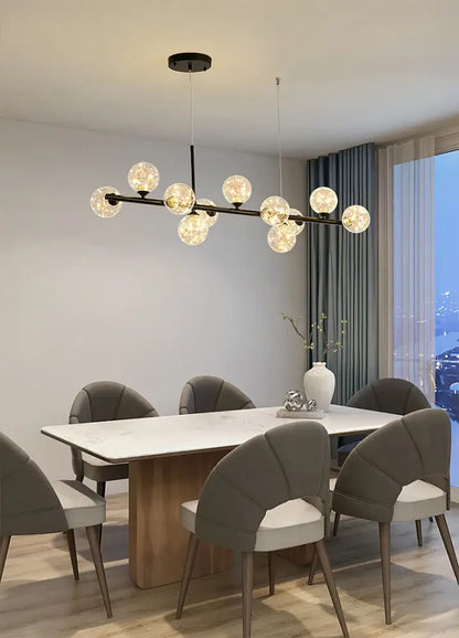 DecorBites™ 9-light modern black metal head ring chandelier with spherical glass globe lights and LED bulbs