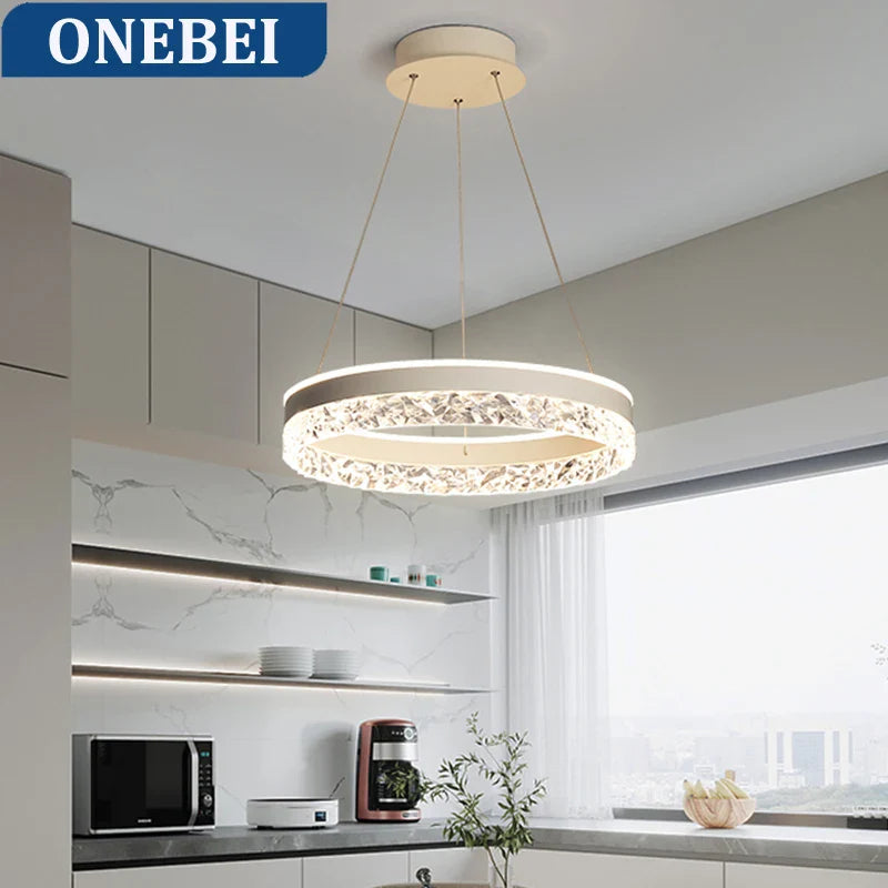 A modern circular led chandelier with white frame and crystal embellishments for living room by onebei