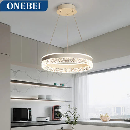 A modern circular led chandelier with white frame and crystal embellishments for living room by onebei