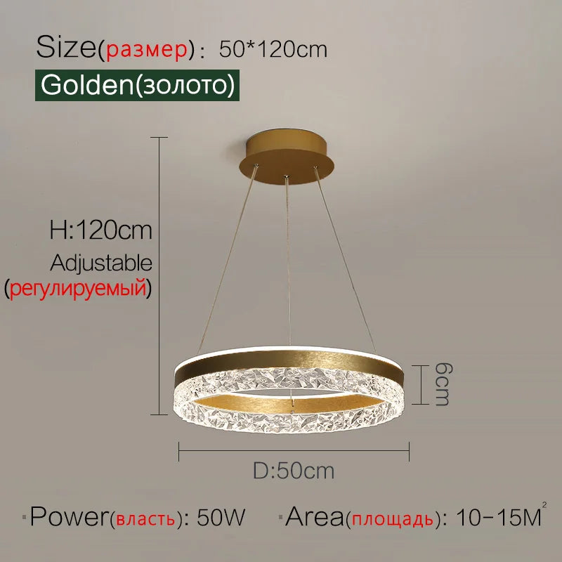 Modern led chandelier with golden circular pendant light featuring a textured crystal ring and metallic finish