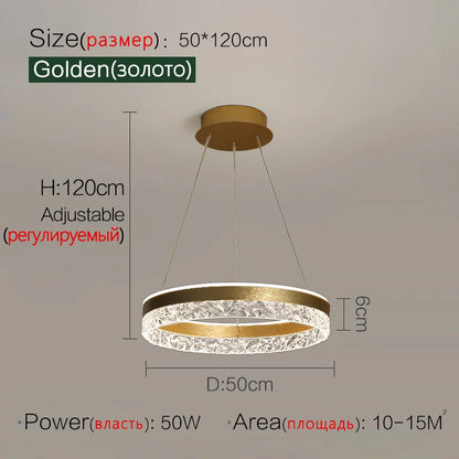 Modern led chandelier with golden circular pendant light featuring a textured crystal ring and metallic finish