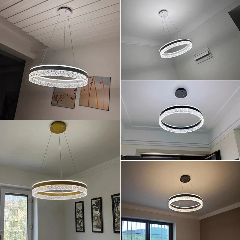 Modern led chandelier with sleek illuminated ring and crystal-like embellishments for living room and dining room lighting