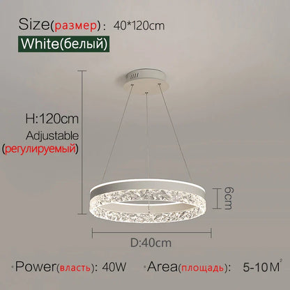 White circular led chandelier with modern textured crystal ring design for living dining bedroom study lighting