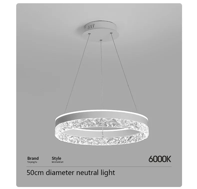 Modern led chandelier with a sleek white frame and crystal rings for living room dining room bedroom and study lighting