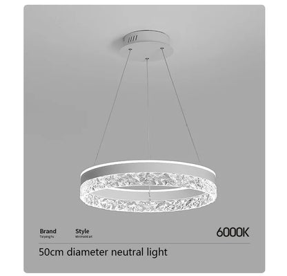 Modern led chandelier with a sleek white frame and crystal rings for living room dining room bedroom and study lighting