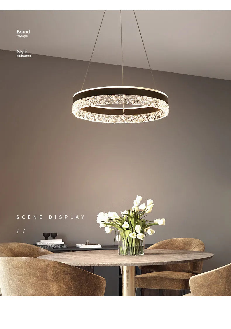 Modern led chandelier pendant lamp with sleek black frame and crystal accents emitting soft white light for living room
