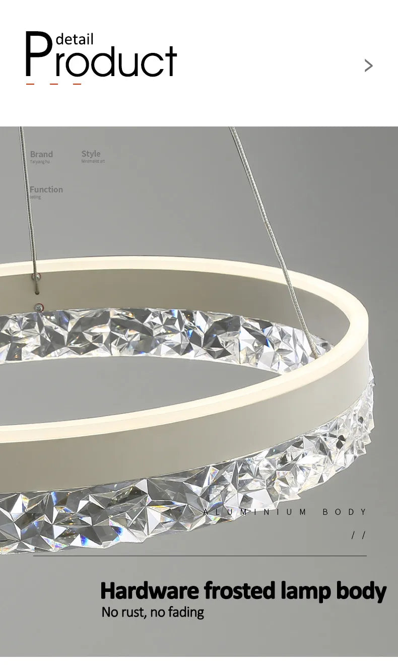 Modern led chandelier with sleek white aluminum frame and crystal accents for living dining bedroom study rooms