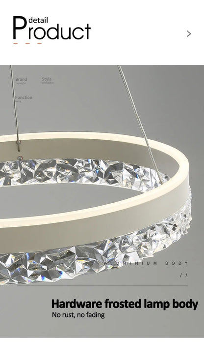 Modern led chandelier with sleek white aluminum frame and crystal accents for living dining bedroom study rooms