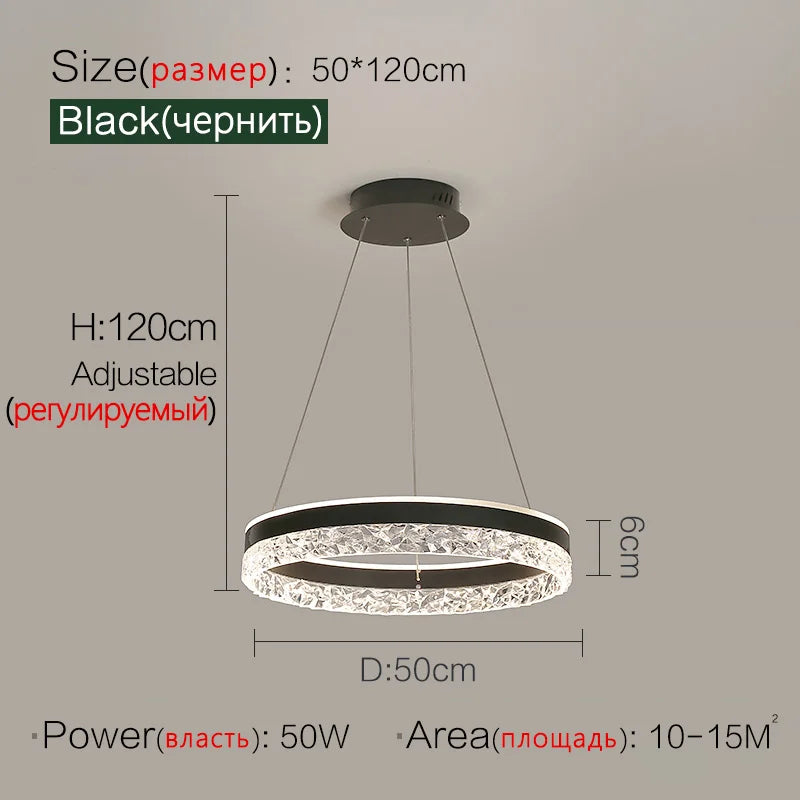Modern LED chandelier with black circular frame and clear crystal outer ring for living and dining room lighting