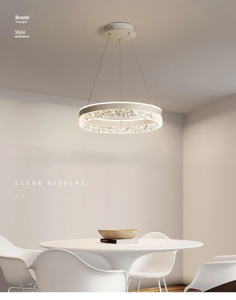 Modern white circular LED chandelier with crystal-encrusted ring and metal chains for living room and bedroom lighting