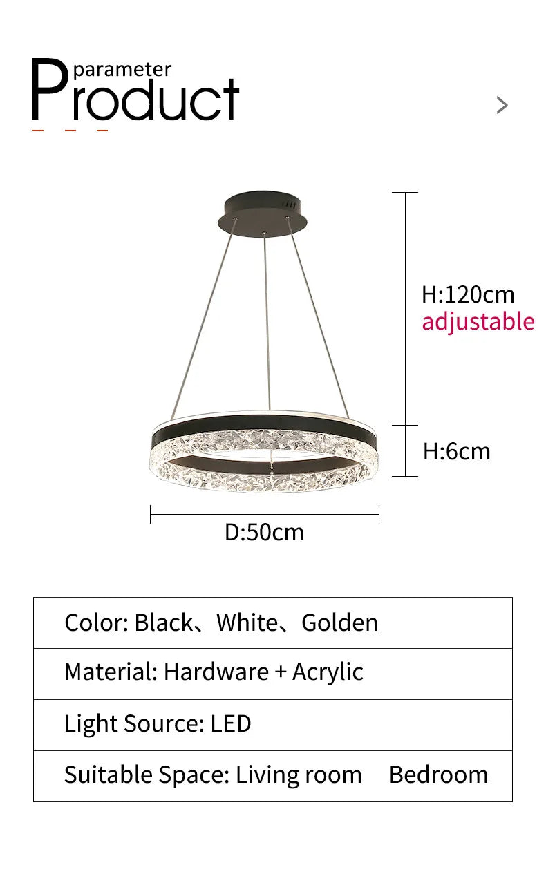 Modern black circular led chandelier with acrylic crystal accents and adjustable height for living and dining rooms