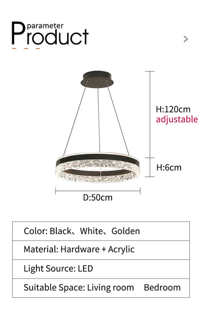 Modern black circular led chandelier with acrylic crystal accents and adjustable height for living and dining rooms