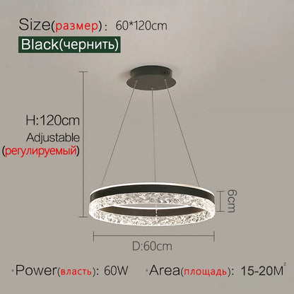 Black circular led chandelier with modern adjustable design and crystal-like accents for living and dining rooms