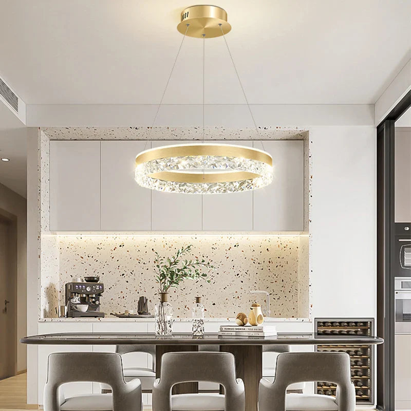 Modern led chandelier gold-toned circular pendant light with clear crystal accents for living room dining room bedroom study