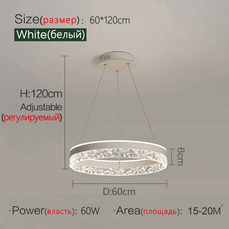 Modern white led chandelier with textured crystal ring design and adjustable height for living and dining rooms