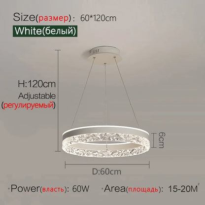 Modern white led chandelier with textured crystal ring design and adjustable height for living and dining rooms