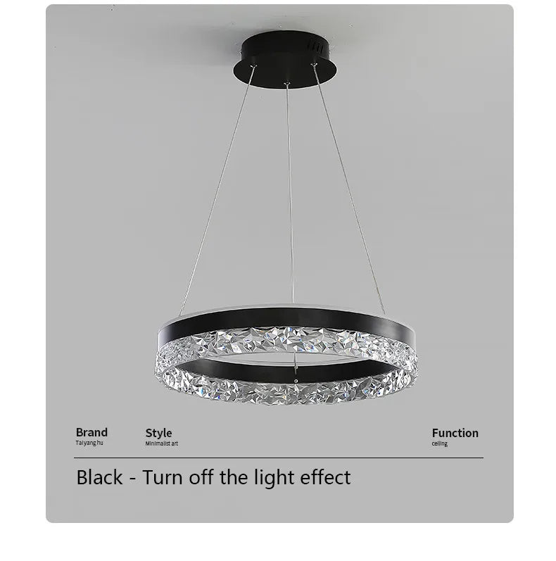 Modern black circular led chandelier with faceted crystal accents for living room dining room bedroom study lighting