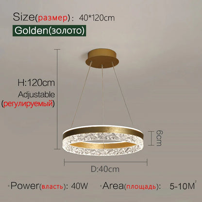 Modern led chandelier golden circular pendant light with textured crystal-encrusted ring and metallic frame for living room