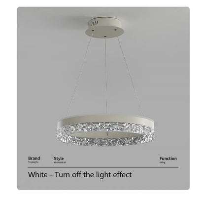 White minimalist modern led chandelier with circular frame and faceted crystal elements for living and dining rooms