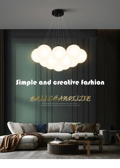 Modern led chandeliers featuring milk white glass ball pendants in a cloud shape for luxury led living room lighting decor