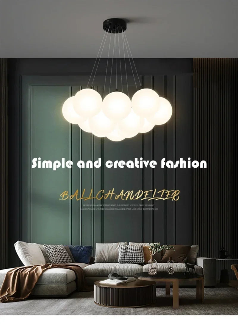 Modern led chandeliers featuring milk white glass ball pendants in a cloud shape for luxury led living room lighting decor