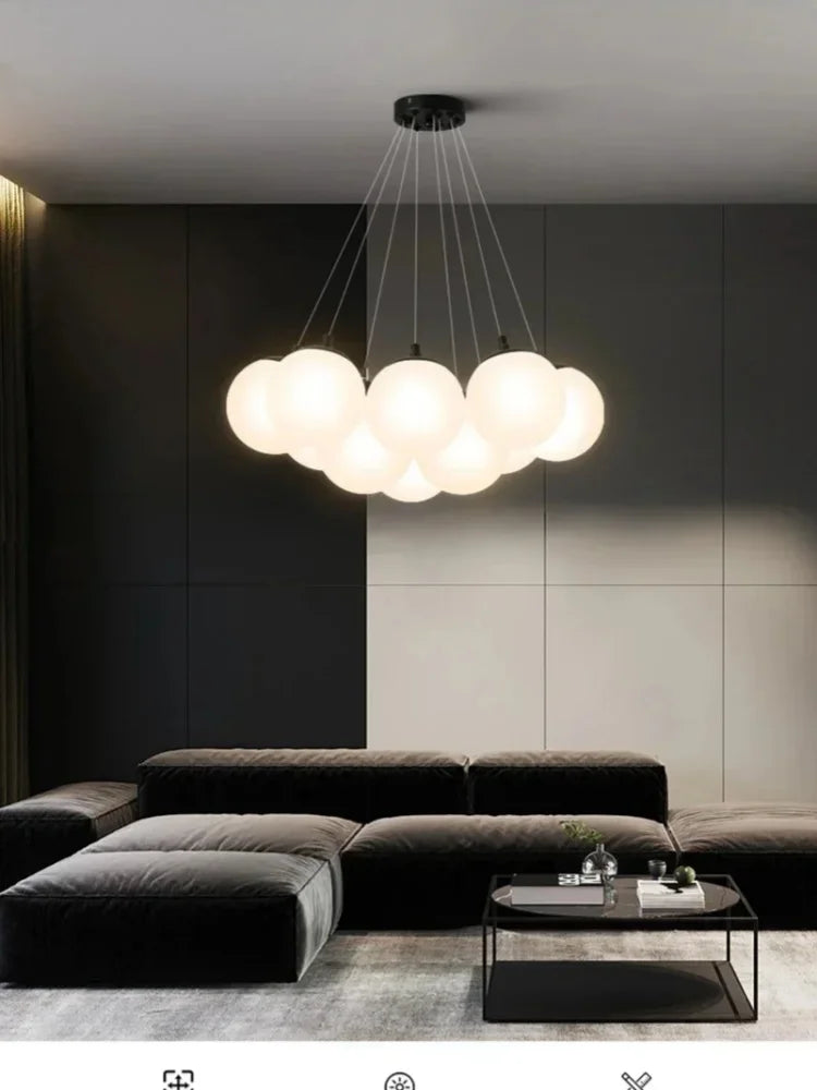 Modern cloud-shaped luxury led pendant light with frosted milk white glass globes and black metal fixture for living room