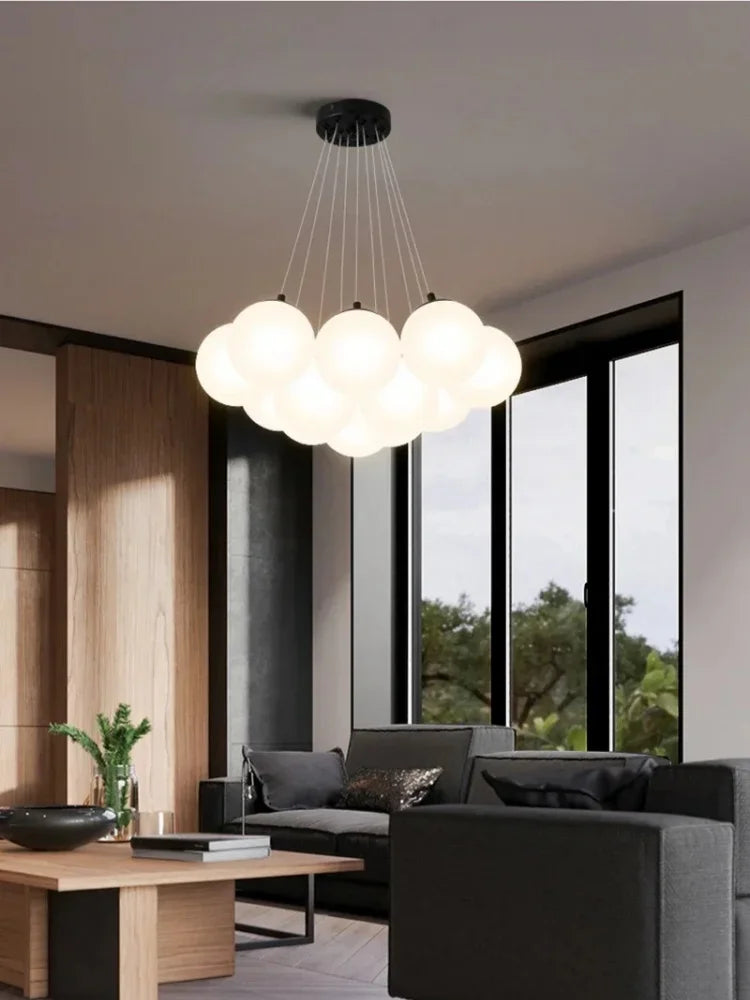 Modern cloud-shaped pendant light with frosted milk white glass globes and sleek black ceiling mount for living room luxury led lighting with switch type