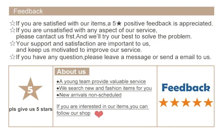 A five-star feedback request graphic with a gold star icon encouraging positive reviews for luxury led living room pendant lamps